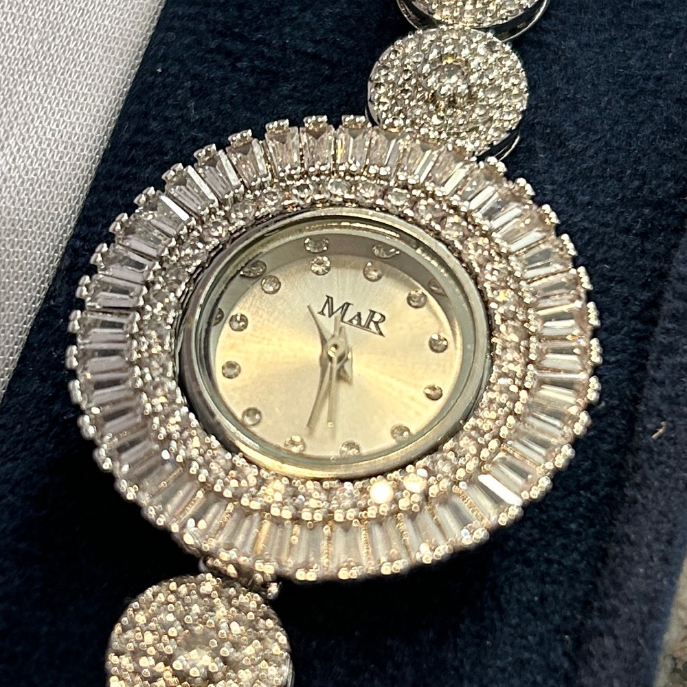 MAR Jewelry Silver Watch with white emerald cut crystals NIB Gorgeous!